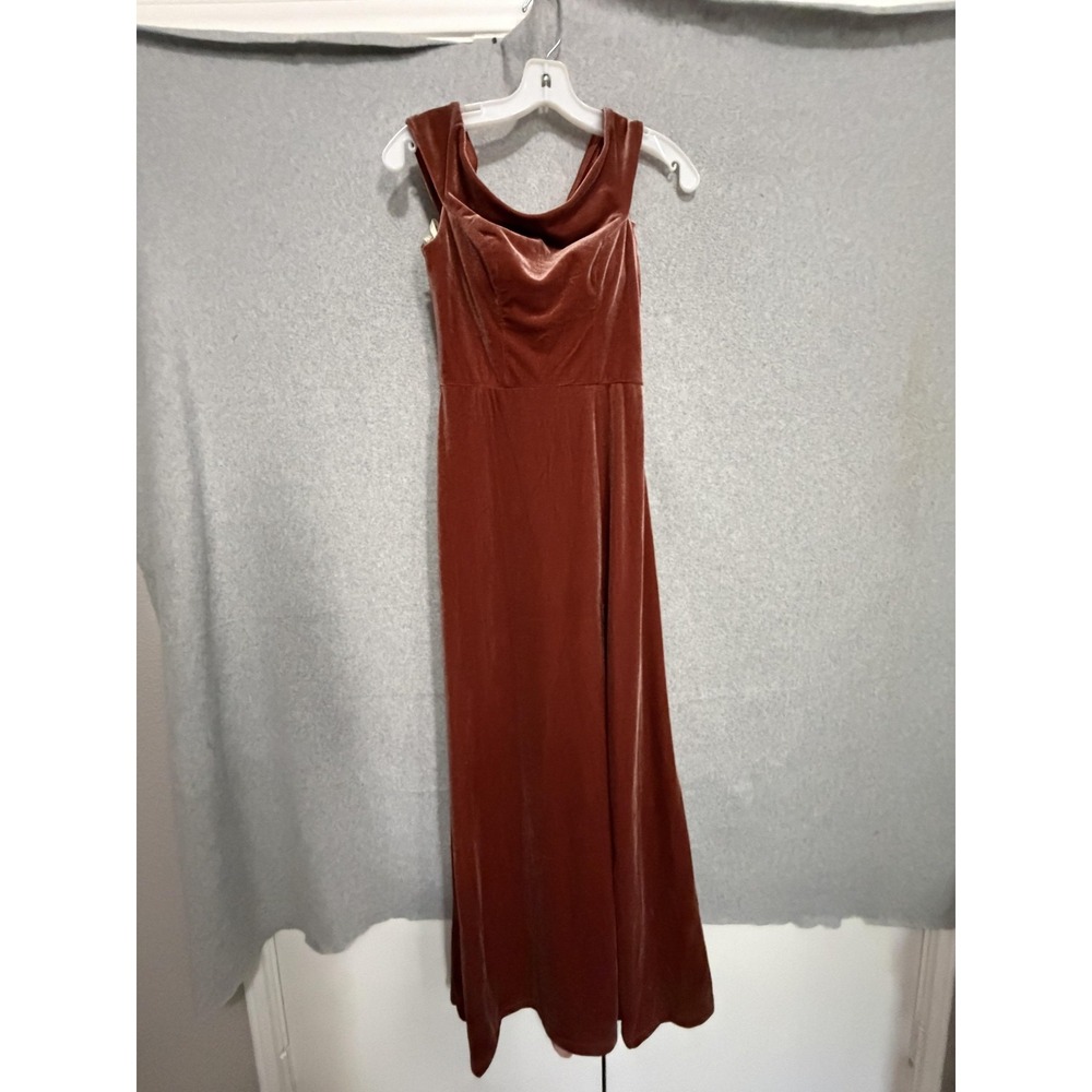 Jenny Yoo Dress Womens‎ 0 Brown Velvet Cowl Neck Maxi Side Slit Formal Evening
